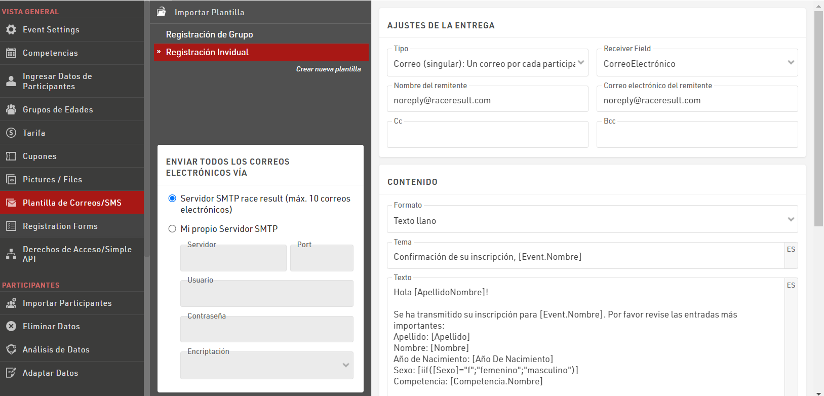 Crear plantillas de correo electrónico/SMS : : TName() :: RACE RESULT  Knowledge Base